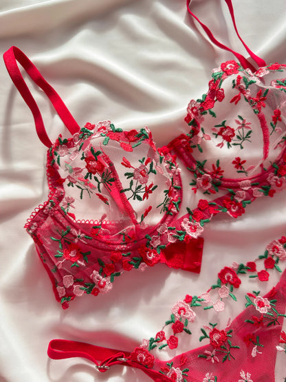 Ariel Floral Red Bra Set
