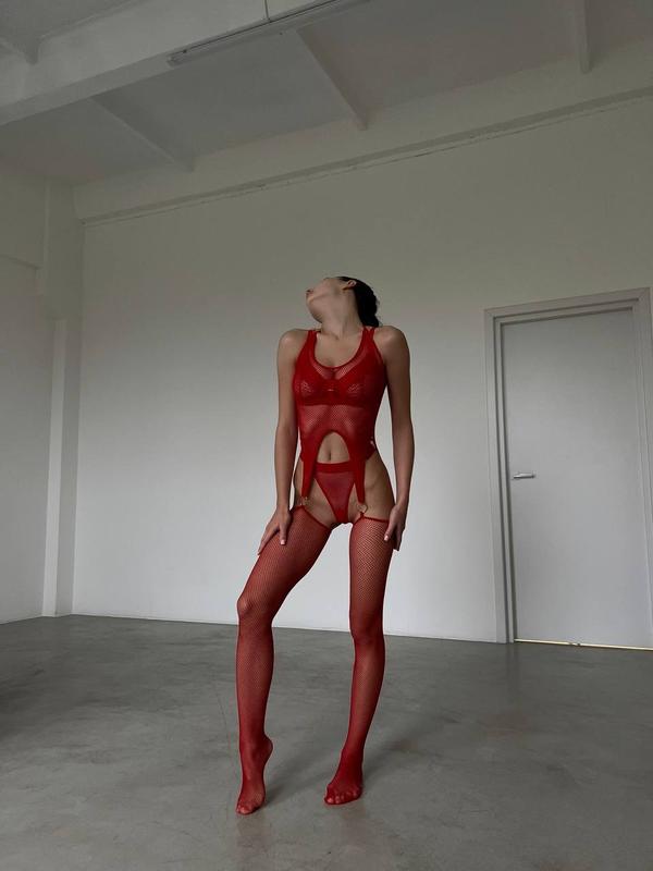 Scarlet Heat Fishnet Red Bodysuit