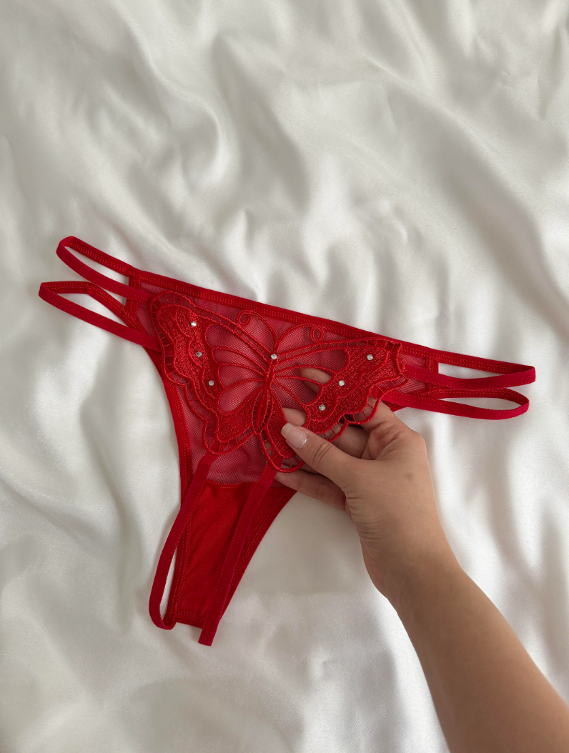 Midnight Butterfly Lace Red Thong